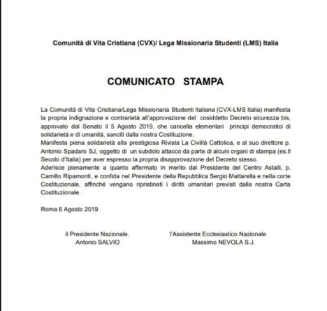 Comunicato stampa Cvx Sms Italia in riferimento a Decreto Sicurezza bis del 5 agosto 2019