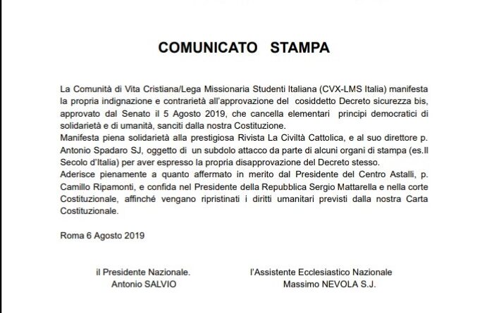Comunicato stampa Cvx Sms Italia in riferimento a Decreto Sicurezza bis del 5 agosto 2019